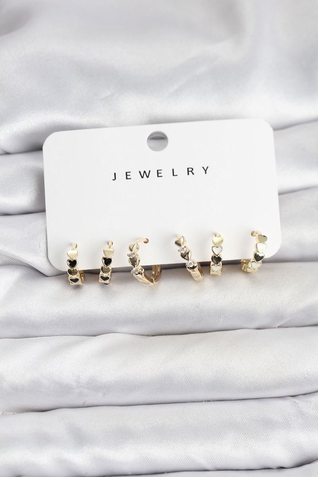 Gold Color Brass Minimal Heart Detailed Women's Earring Set