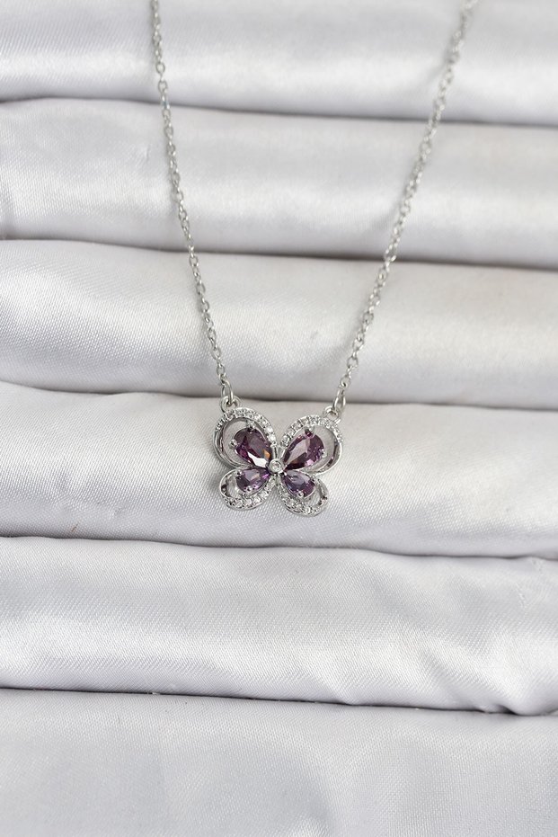 316L Steel Chain Silver Color Purple Butterfly Model Women's Necklace