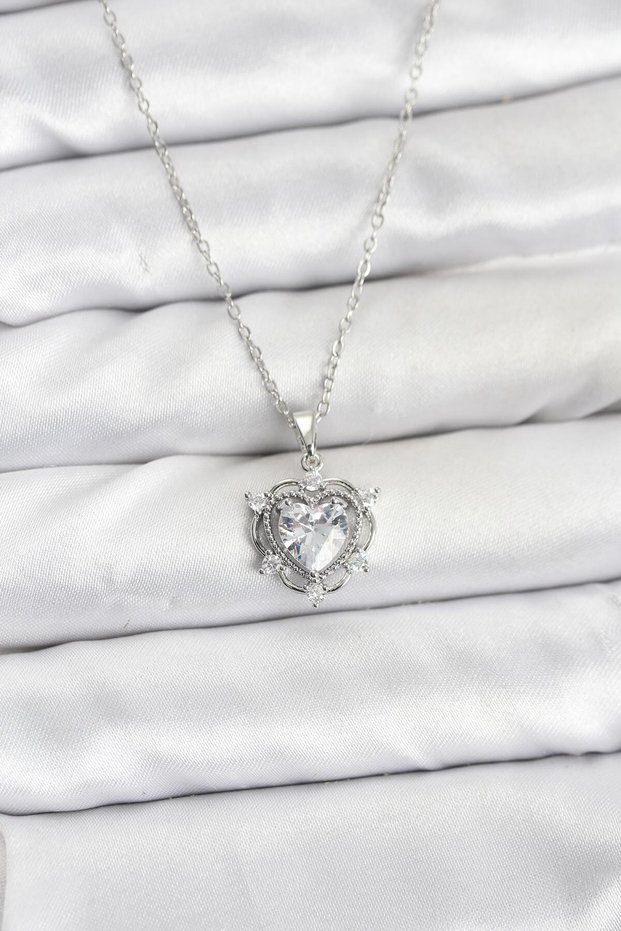 316L Steel Chain Silver Color Heart Model Zircon Stone Women's Necklace