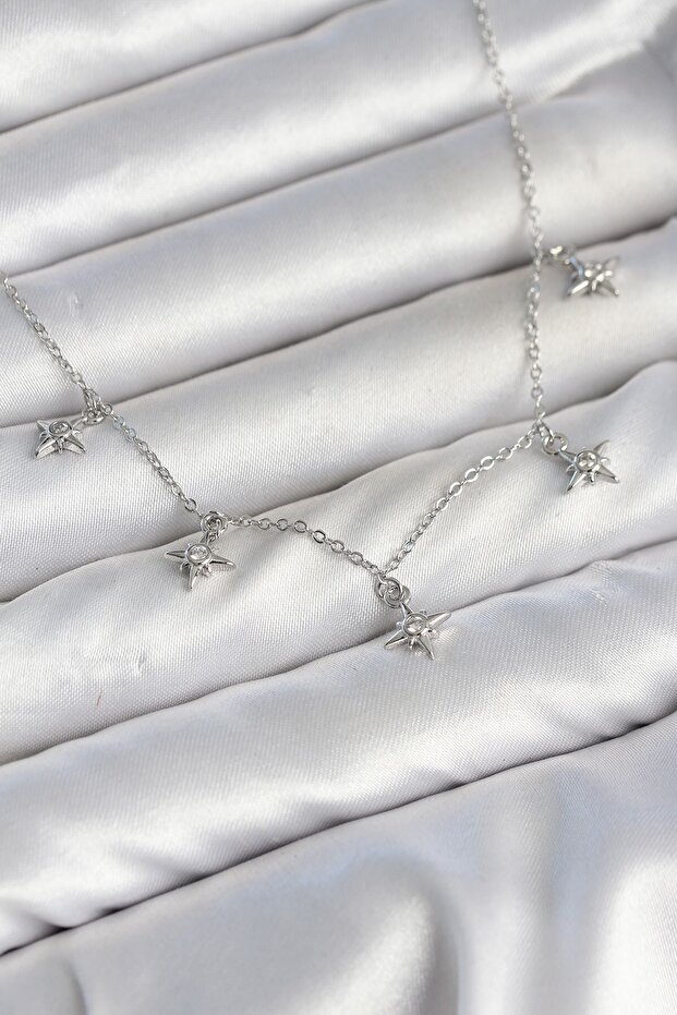 Brass Silver Color Row Minimal Pole Star Model Women's Necklace