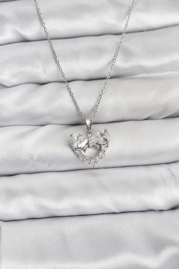 316L Steel Chain Silver Color Heart and Bow Model Zircon Stone Women's Necklace