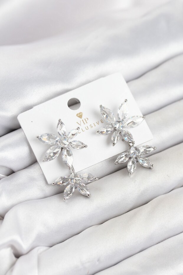 Lotus Model Silver Color Zircon Stone Women's Earrings