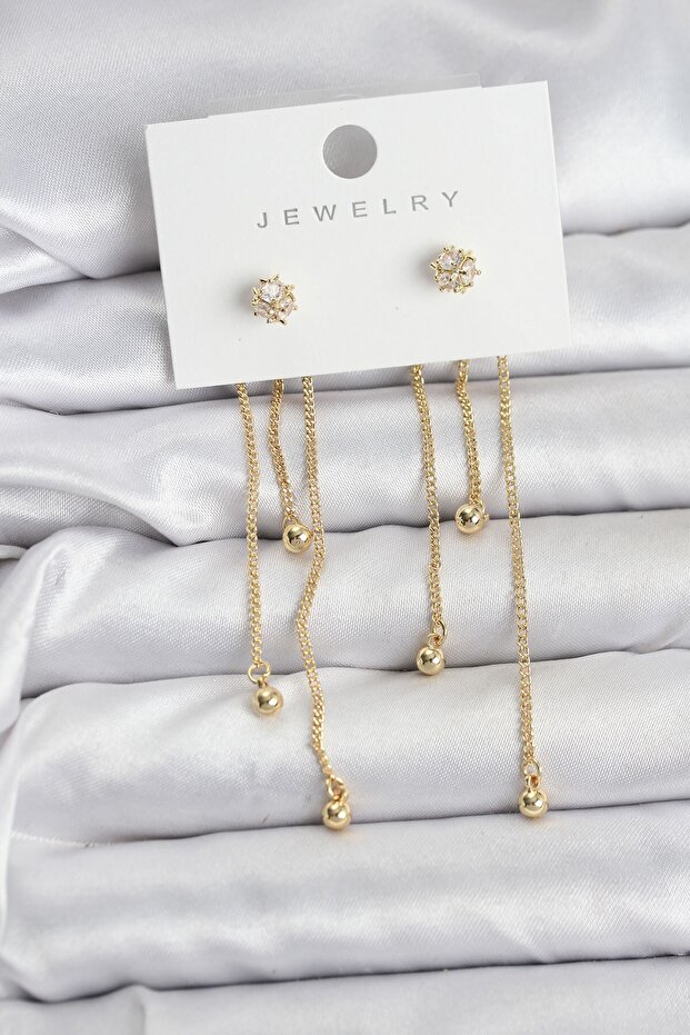 Topçuk Model Gold Color Brass Dangle Women's Earring Set