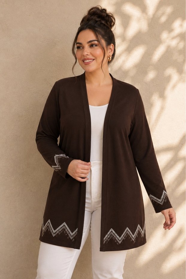 Women's Plus Size Sleeve Skirt Hem Zigzag Stone Detail Open Front Stretchy Viscose Midi Length Cardigan