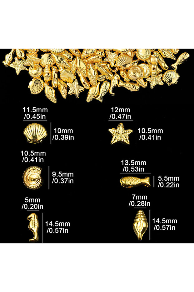 100pcs Mixed Style FZ179-1-Jin Gold 100pcs Small Fish Starfish Seashells Conch Seahorse Gold Color A