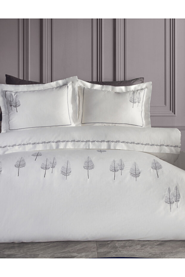 Pamira Embroidered Cotton Satin Duvet Cover Set - White-Anthracite