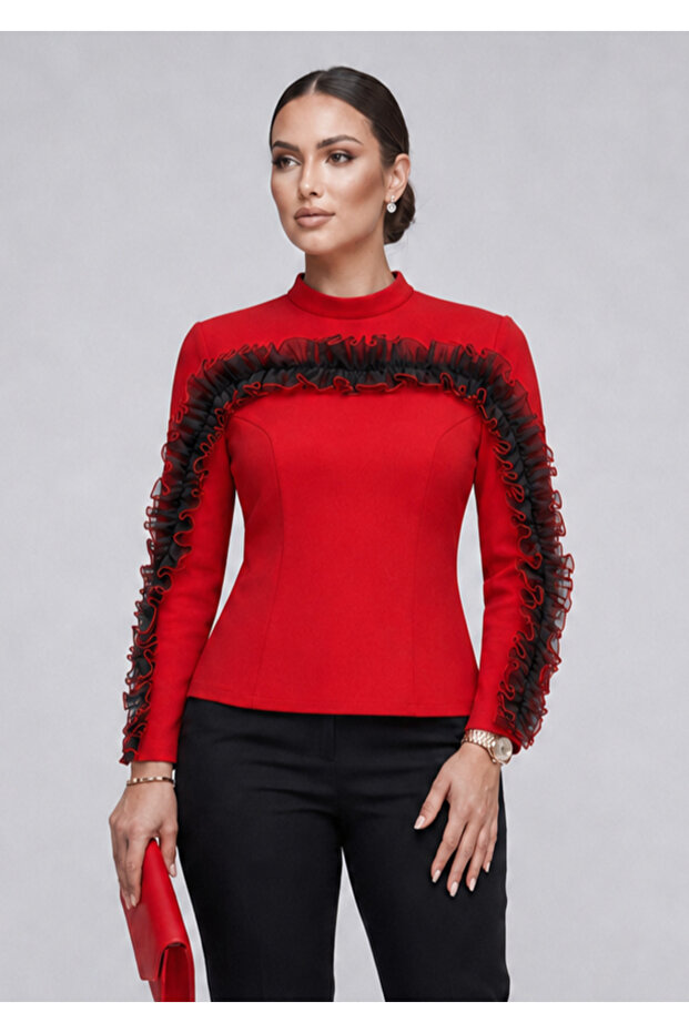 Di̇va Plus Size Lycra Flexible Fabric Organza Ruffled Blouse
