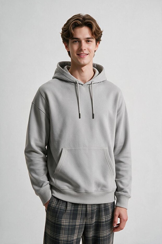 Men's Stone Hooded Sweatshirt with Kangaroo Pocket and 3-Thread Fleece Inside