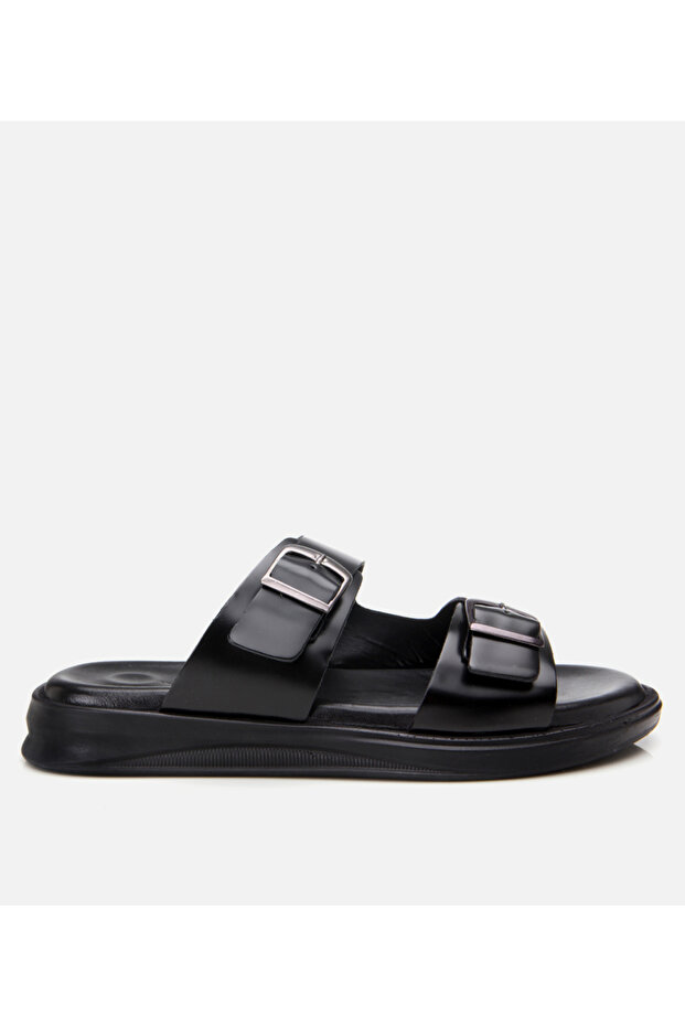 Men's Leather Black Light Sole Belt Detailed Slippers