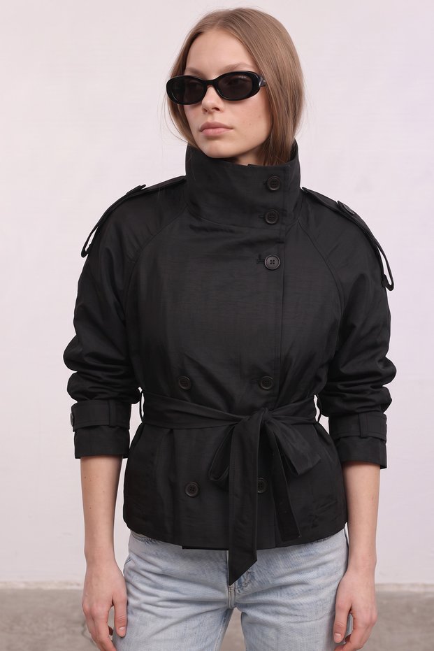 High Collar Belted Trench Coat 262155 - Black