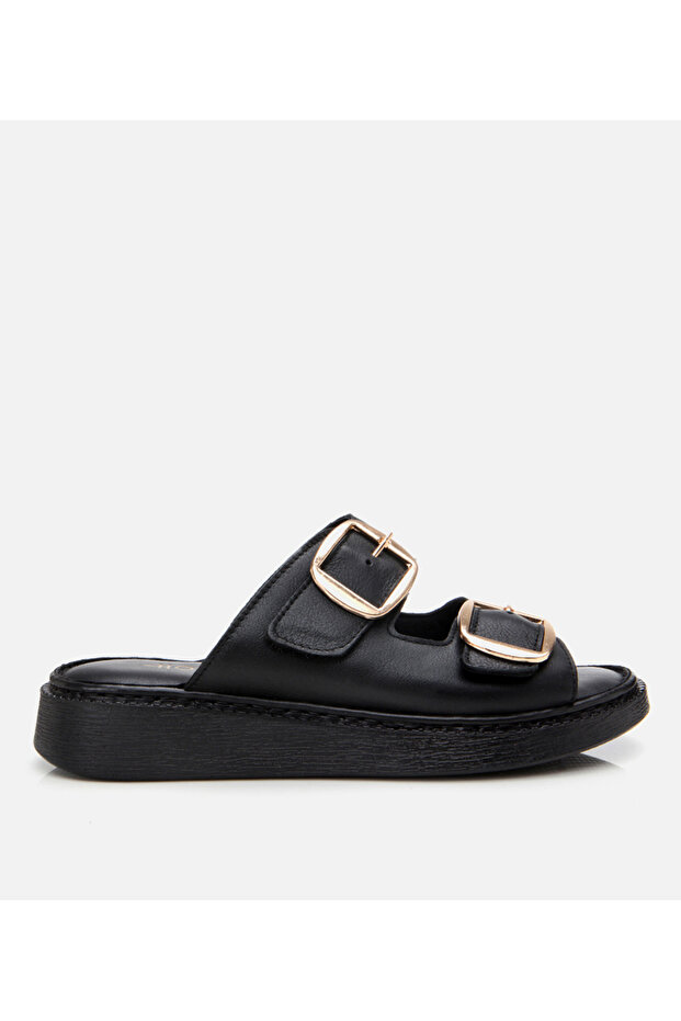 Women's Leather Black Belted Flat Slippers