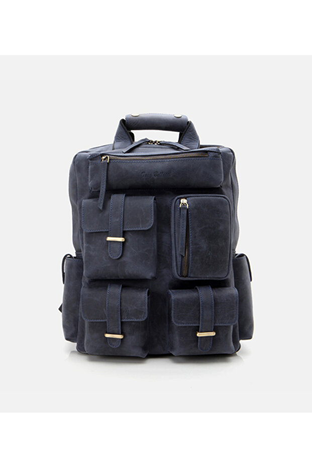 Men's Leather Navy Blue Backpack