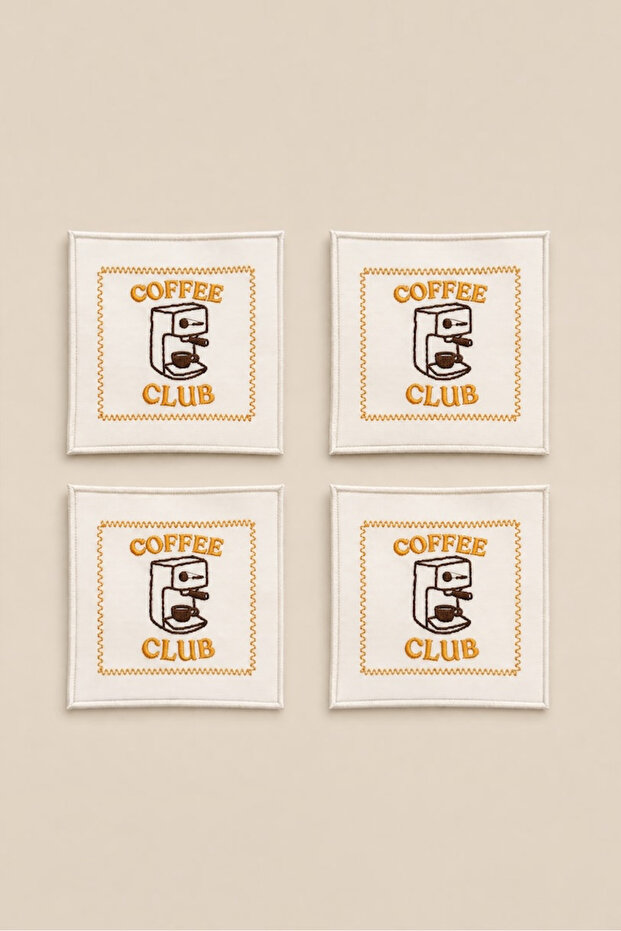 4-Piece Coffee Club Embroidered Coaster Set – Cocktail & Presentation Napkin (14X14 cm)