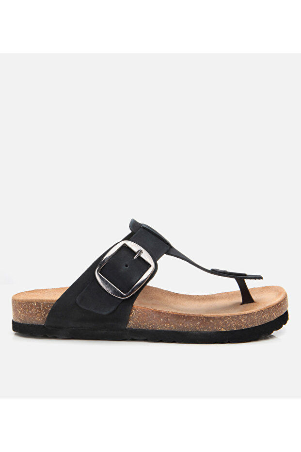 Women's Nubuck Leather Black Belted Flip Flops