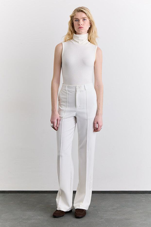 Straight Pants with Sewing Details Ecru