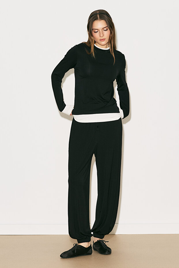 Easy Kontrast Long Sleeve Blouse Black