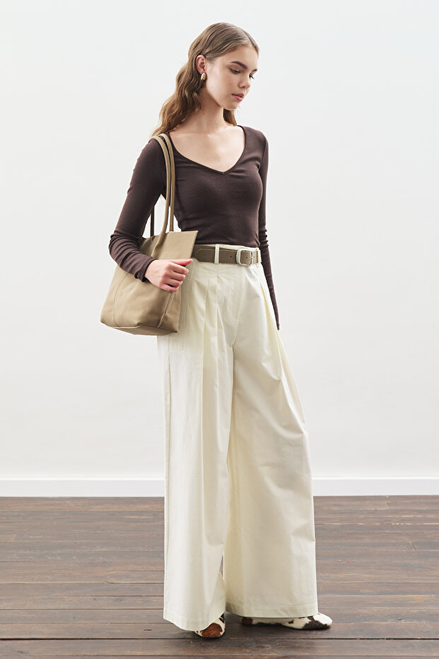 Wide Pleated Gabardine Pants Ecru