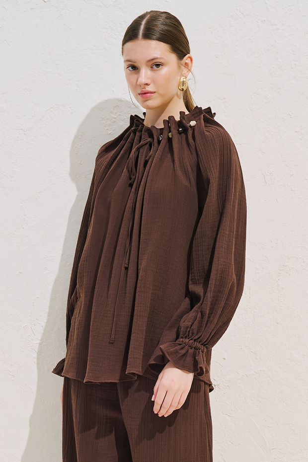 Drawstring Collar Muslin Blouse Dusty Brown