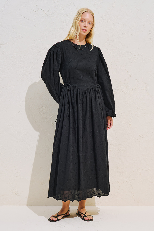 Embroidered Polyna Tie-Up Dress Black