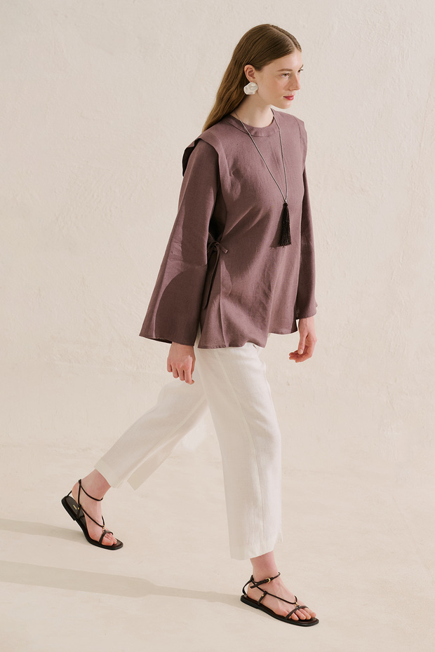 Linen Tunic with Tie-Up Sleeves Lavender