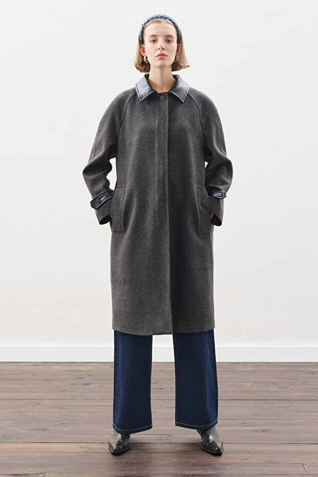 Leather Detail Coat Anthracite