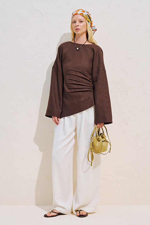 Linen Asymmetric Long Sleeve Blouse Dark Brown