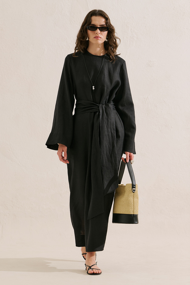 Linen Wide Belt Dress Black