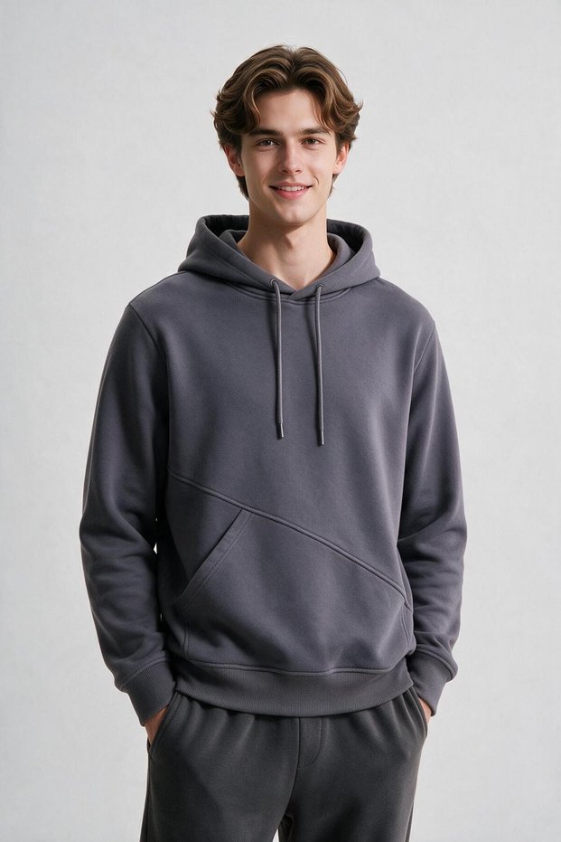 Men's Dark Gray Hooded Sweatshirt with Side Pockets and 3-Thread Fleece Inside