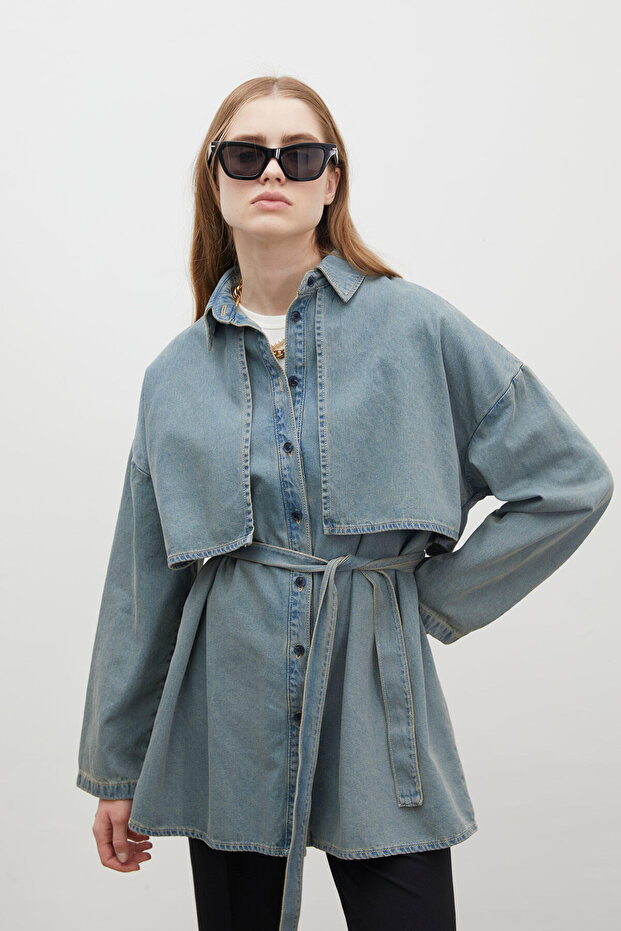 TRENCH DESIGN DENIM JACKET DARK BLUE