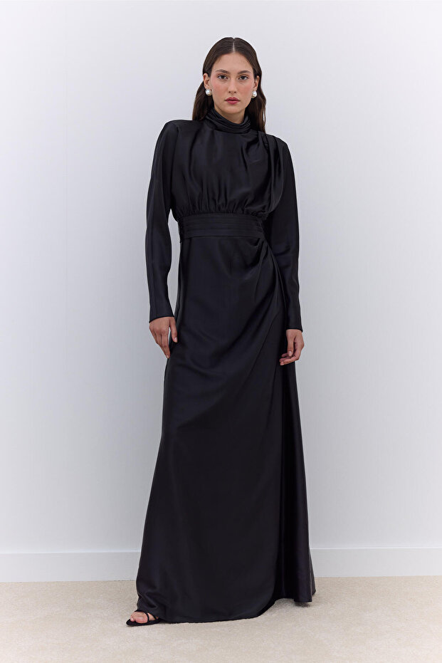 Satin Shoulder Draped Evening Dress Black