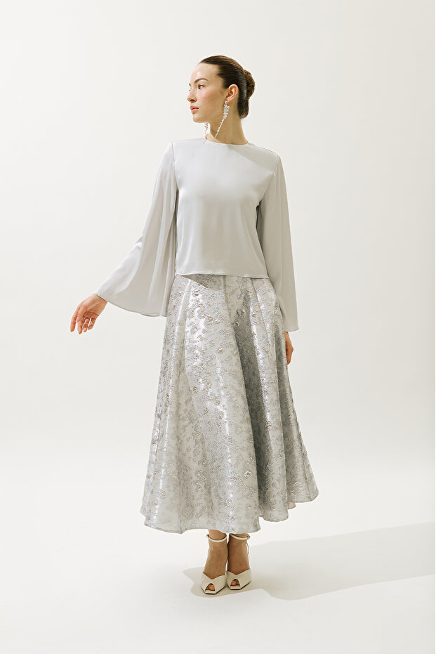Satin Wide Sleeve Bluz Blue