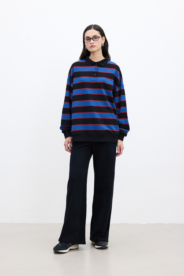 Polo Collar Oversize Sweatshirt Blue