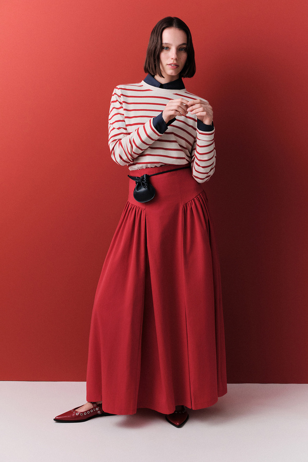 Ruched Gabardine Skirt Red