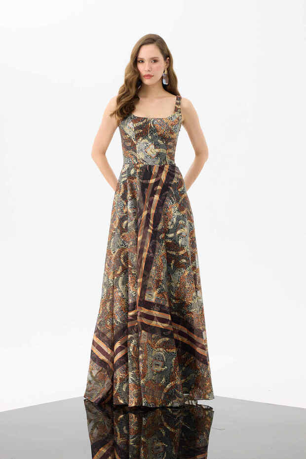 Brown Square Neck Jacquard Evening Dress