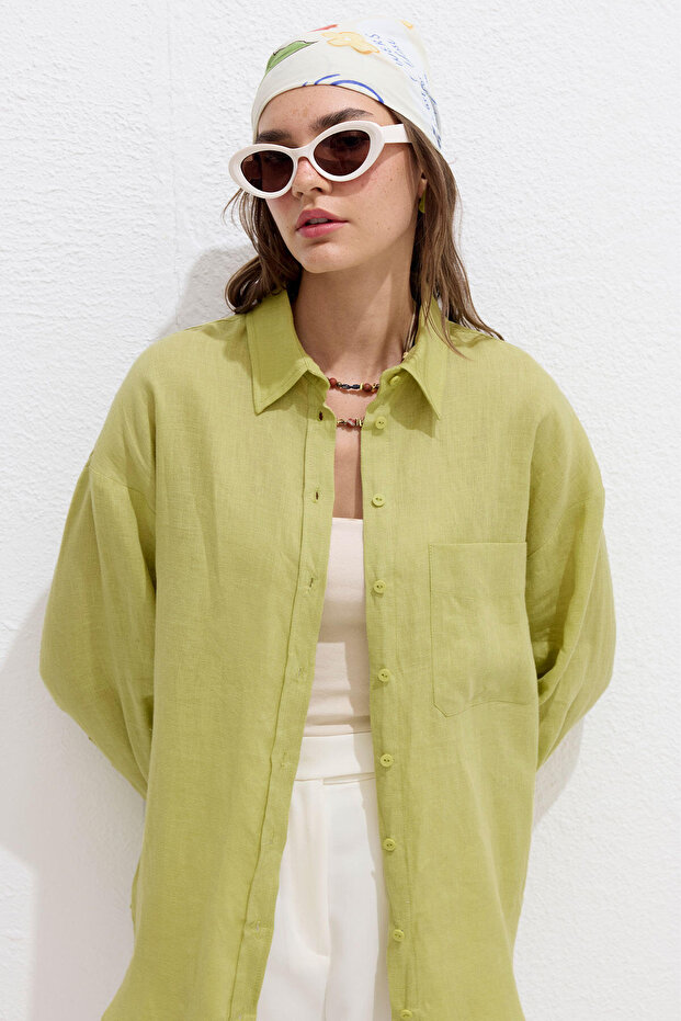 Lime Thin Linen Oversize Shirt