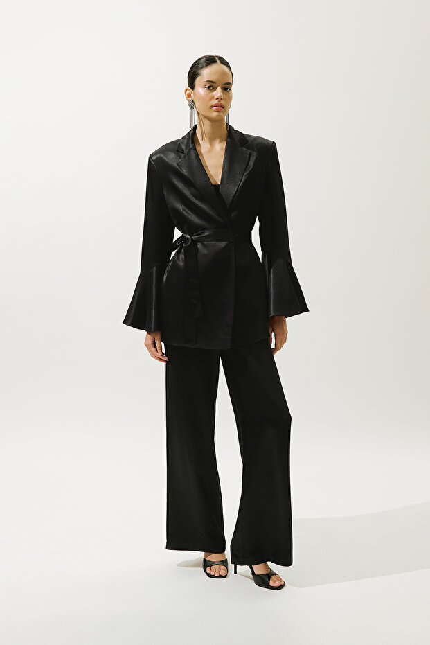 Wide Leg Satin Evening Dress Pants Black