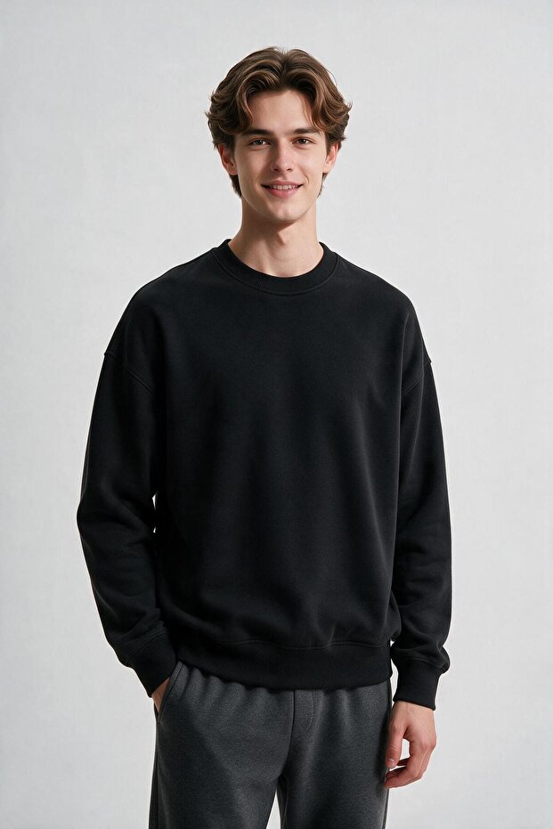 Men's Black Crew Neck 3-Thread Fleece Sweatshirt