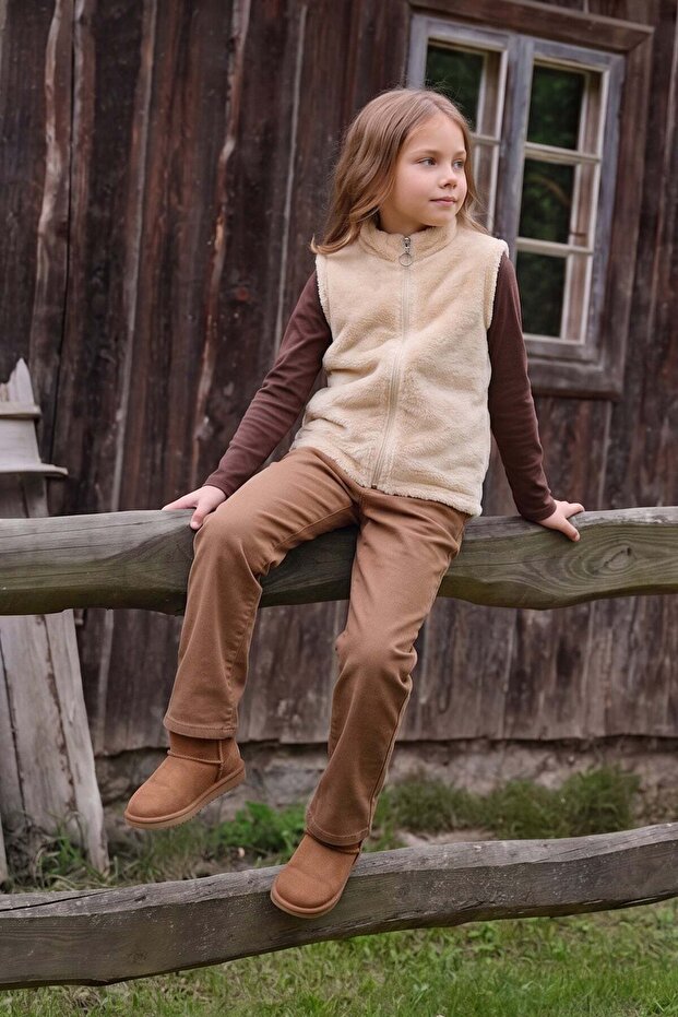 Zippered High Collar Girls' Plush Vest