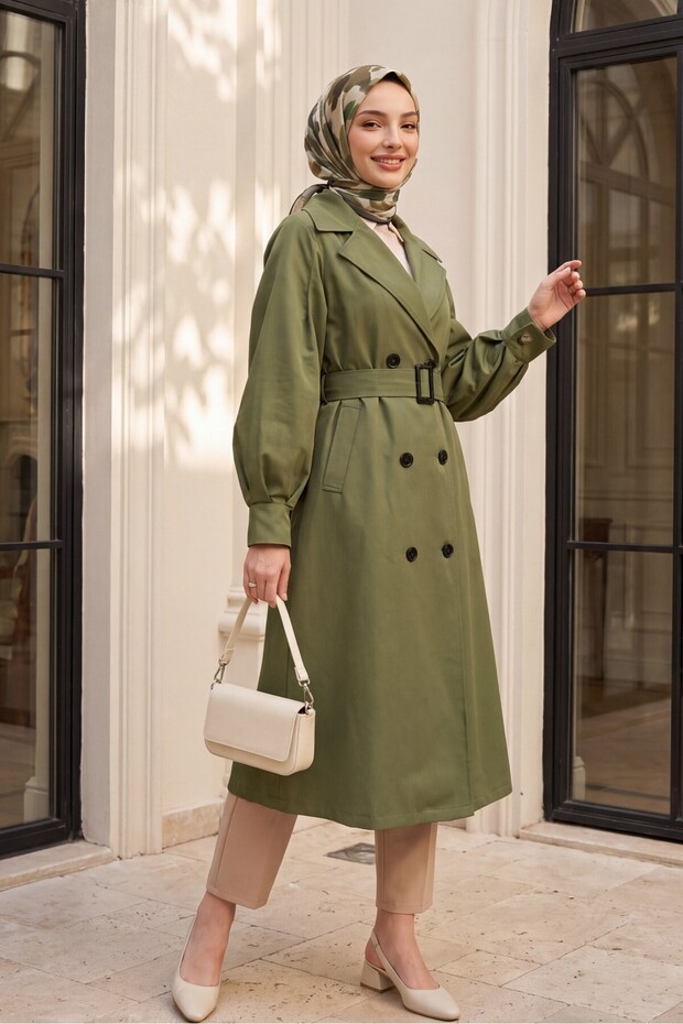 Balloon Sleeve Buckle Belted Side Pocket Trench Coat -Khaki