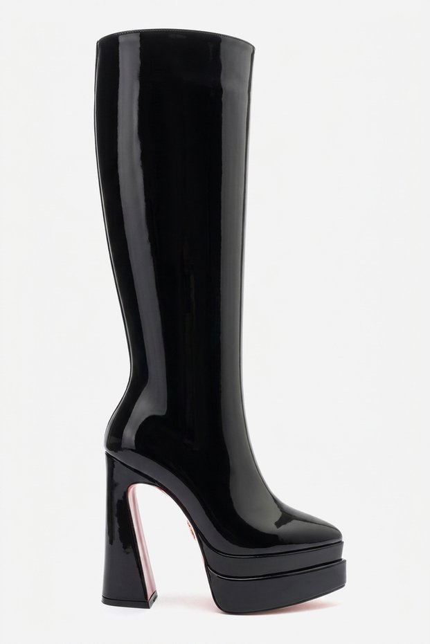 Black Patent Leather Double Platform Design Women's Boots High Heeled Shoes Jolly
