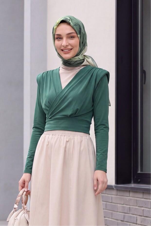 Padded Double-Breasted Model Sandy Blouse -Emerald