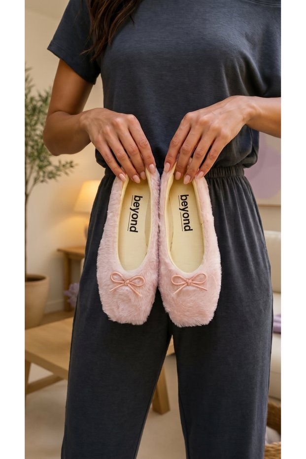 Women's Powder Rabbit Hair Bowknot Casual Ballerinas 1 cm Byndtav01