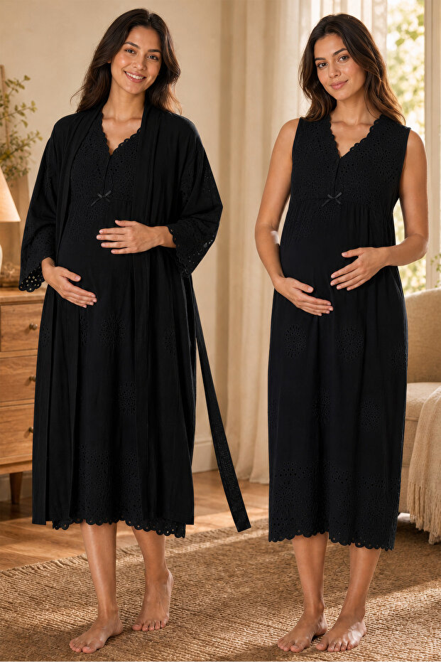 Scalloped Fabric Maternity Nightgown Set with Nursing Features and Robe Effortt - Black
