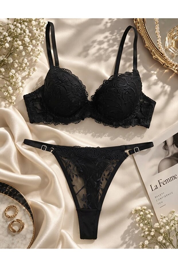 Lace Piece Supported Push up Bra Panty Set Black Underwear Set
