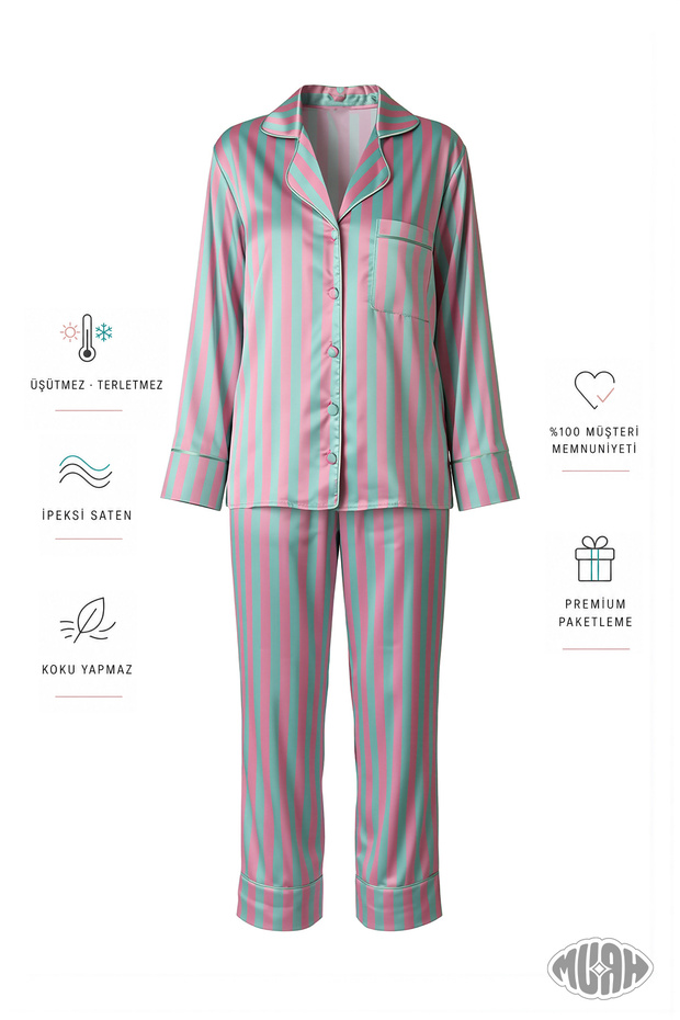 Candy Pop Women Satin Pajama Set Striped Patterned Short Sleeve Pink Green
