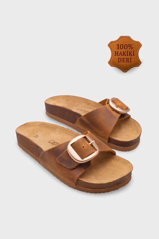 Lee Large Buckle Anatomical Cork Sole Leather Slippers