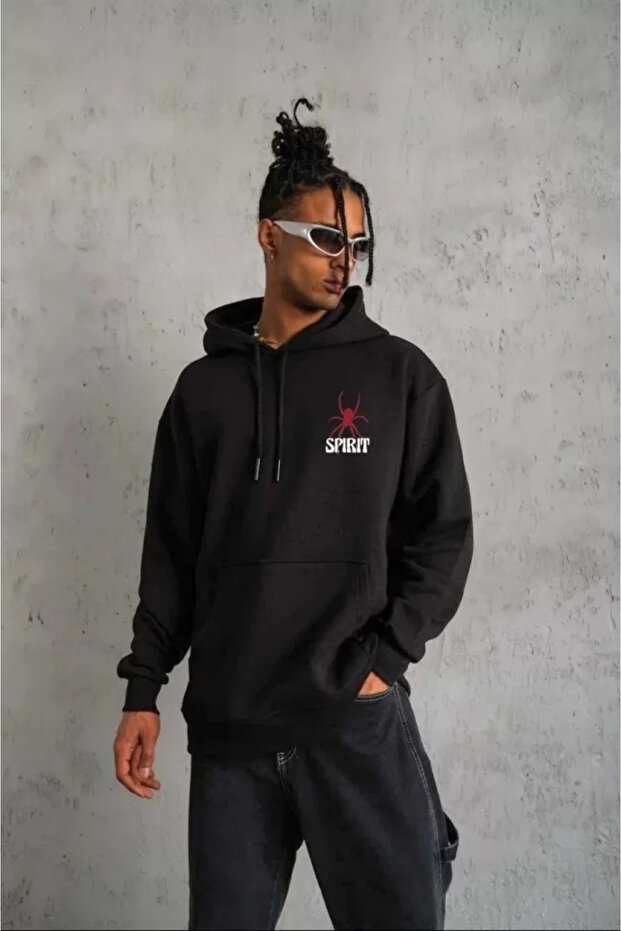 Unisex Hooded Printed Sweetshirt - Black