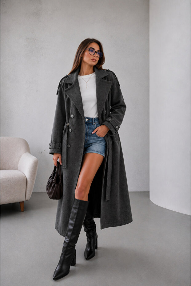 Women's epaulet waist belted lined stamp coat