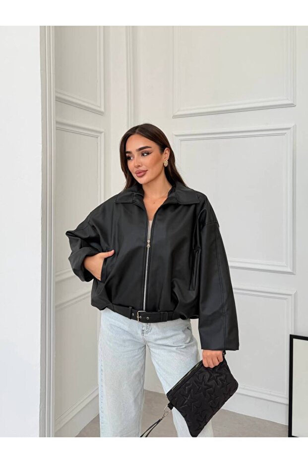 Women's Leather Jacket Detailed Leather Jacket-Oversize