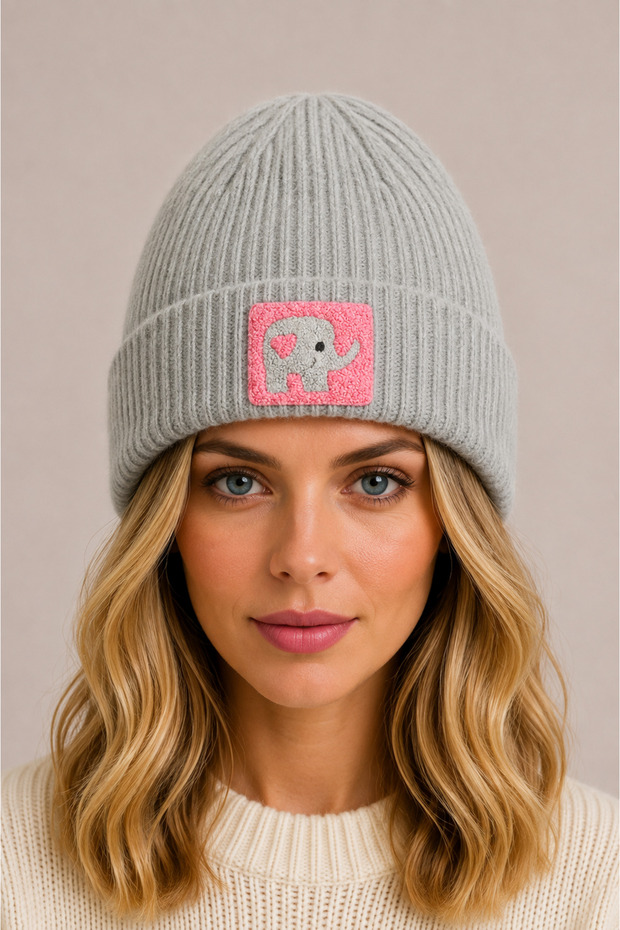Gray Wool Luxury Beret with Pink Elephant Punch Detail, Unisex
